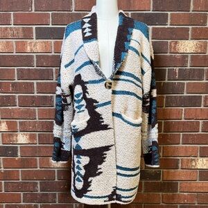 STS Ranchwear Cozy Blue and Cream Women's Long Cardigan Sweater Size Medium